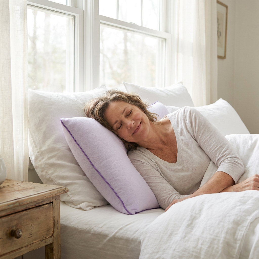 A calm woman in soft morning light, sitting on the edge of a freshly made bed.