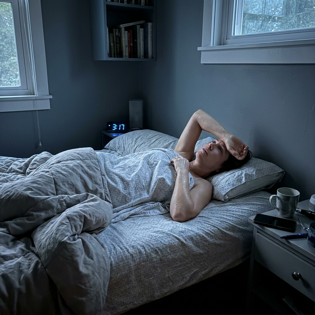 A dimly lit bedroom at night, the covers pushed back.
